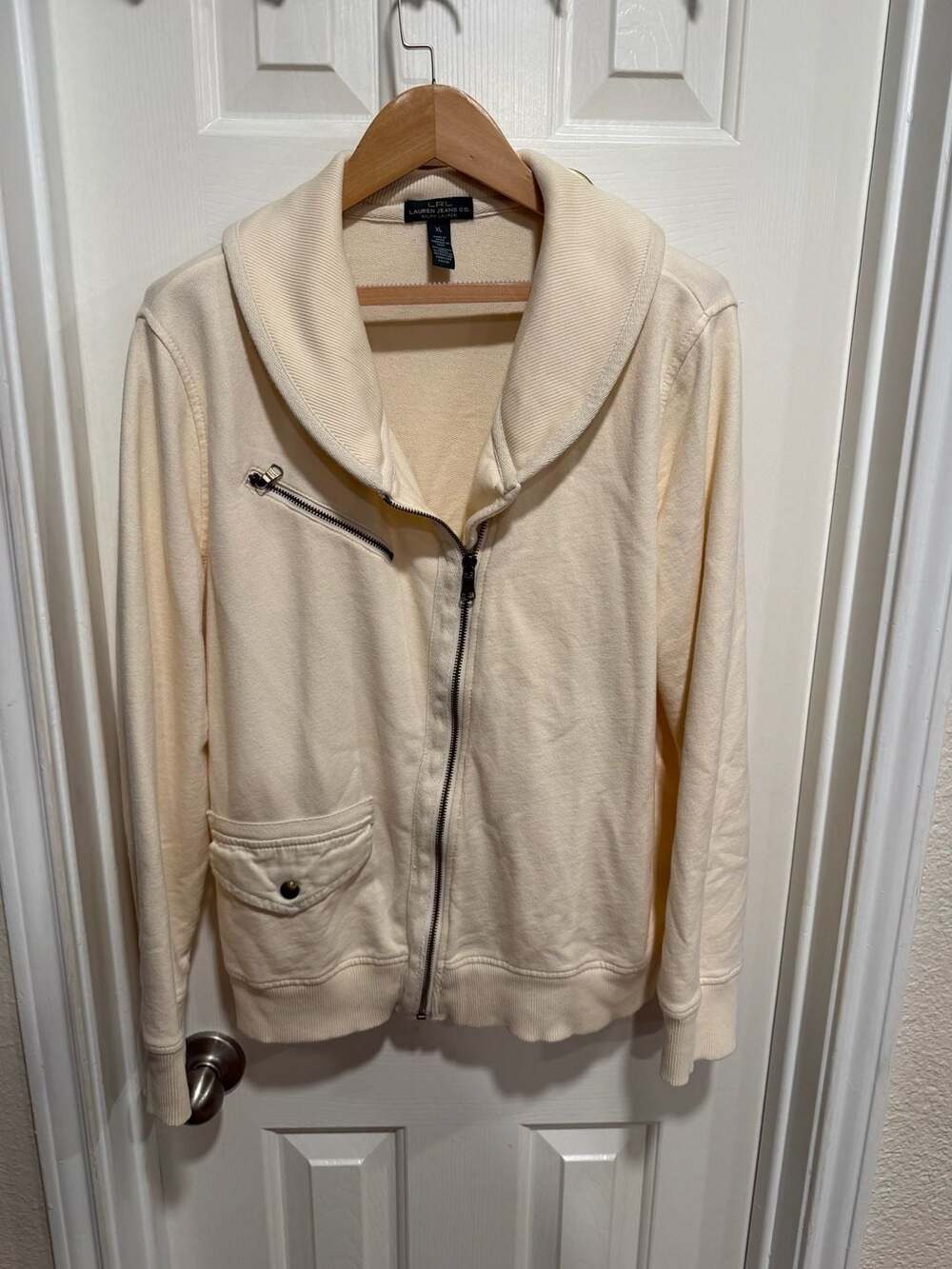 LRL Lauren Jeans Co Ralph Lauren Women XL Cream Cotton Full Zip Jacket Cardigan